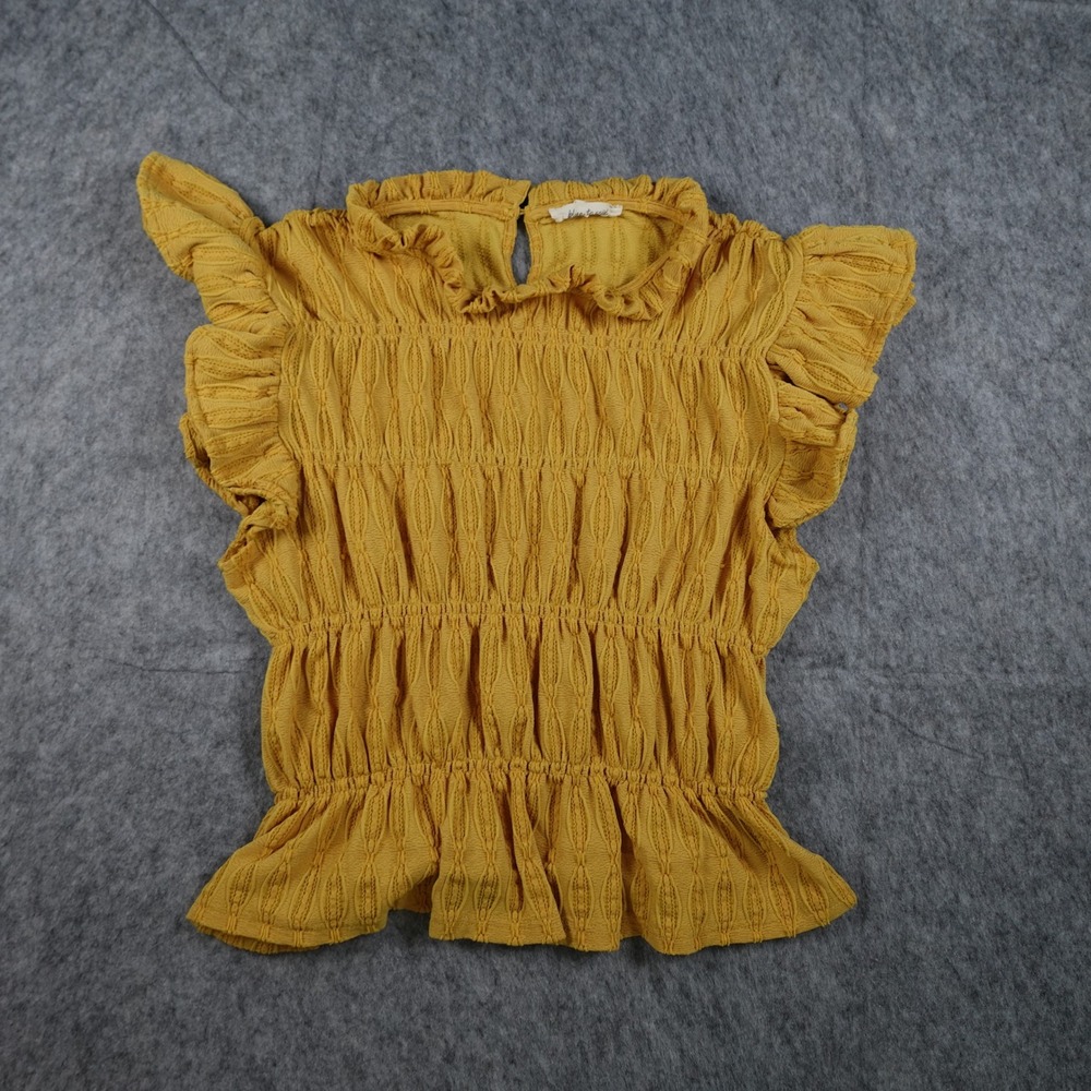 Blue Tassel Top Women Large Yellow Smocked Ruffle Flutter Sleeve Peplum Textured